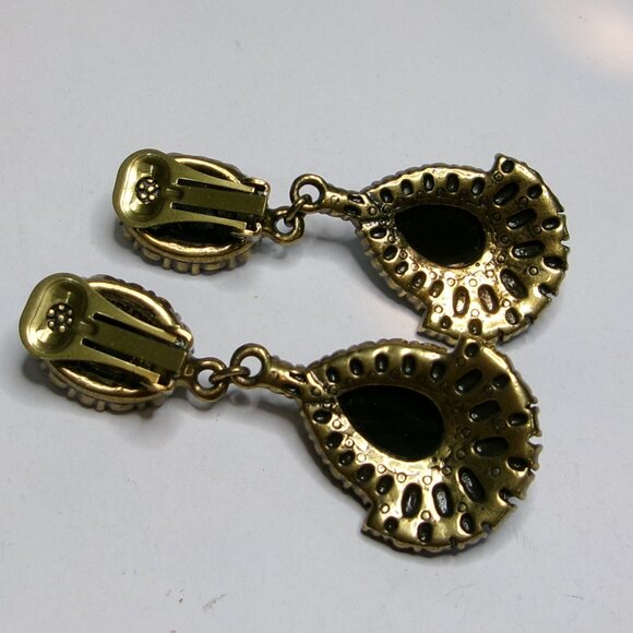 Heidi Daus Black Stone & Rhinestone Large Dangle Drop Clip Earrings - Picture 3 of 3